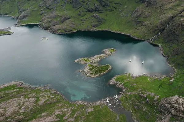 Uma Bela Vista Aérea Loch Coruisk Com Rochas Costa — Fotografia de Stock