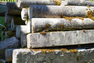 Güneşli bir günde bahçede yosunlu büyük taşların yakın çekimi.