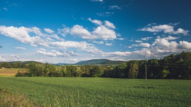 Dağlı ve arka planda berrak gökyüzü olan güzel bir çim tarlası manzarası.