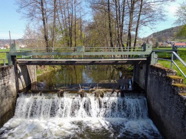 Parkta çağlayan ağaçlarla çevrili bir nehrin üzerinde metal bir köprü.