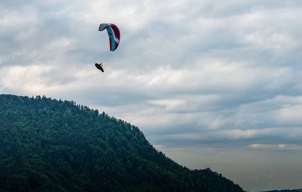 Een Persoon Paragliding Groene Beboste Heuvels — Stockfoto
