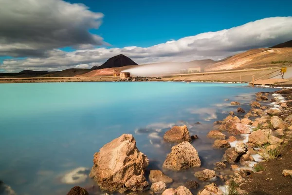 Beautiful View Myvatn Lake Rocks Blue Cloudy Sky Iceland — Stock Photo, Image