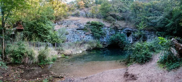 Una Hermosa Vista Una Cueva Cerca Estanque Con Bosque Fondo — Foto de Stock