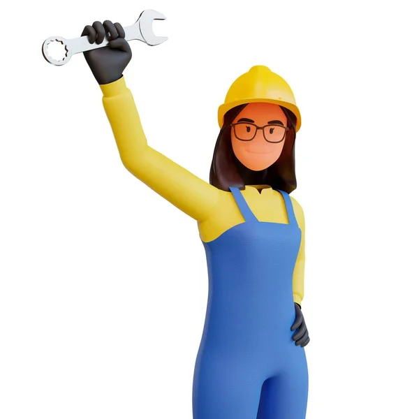 Uma Renderização Uma Trabalhadora Construção Feminina Com Uma Chave Mão — Fotografia de Stock