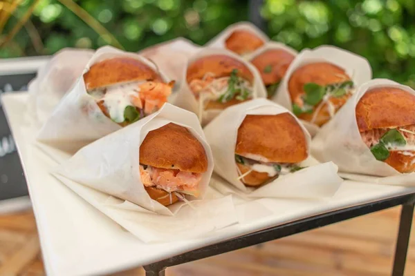 Delicious Fresh Salmon Burger Sliders Party Table — Stock Photo, Image