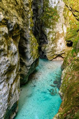 Slovenya 'daki kayalık Tolmin vadisindeki turkuaz akışının dikey nefes kesen görüntüsü