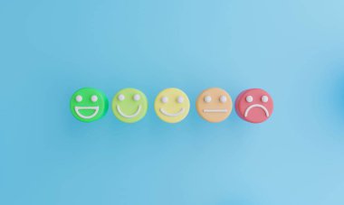 Üzgün ve mutlu ruh hali olan bir dizi emoji simgesi. Müşteri değerlendirmesi ve deneyim konsepti. Memnuniyet ve en iyi hizmet değerlendirme konsepti. 3