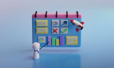 3 boyutlu illüstrasyon. Mesajlar, grafikler, semboller ve bilgilerle sunum yapan bir ekip çalışması. Mavi torba ile yeni bir projenin 3d canlandırması