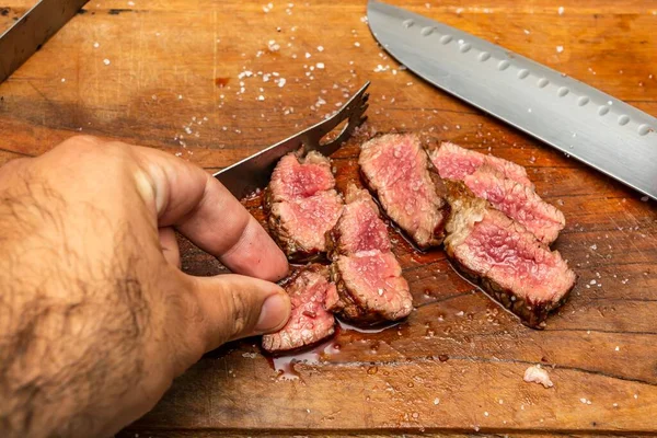 Bife Tri Ponta Grau Raro Médio Cortado Placa Corte Alto — Fotografia de Stock