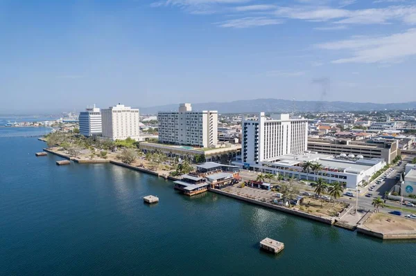 Aerial View Modern Buildings City Blue Ocean Jamaica Sunny Weather — Stock Photo, Image