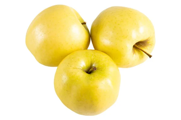 Detailní Záběr Tří Chutných Jablek Izolovaných Bílém Pozadí — Stock fotografie