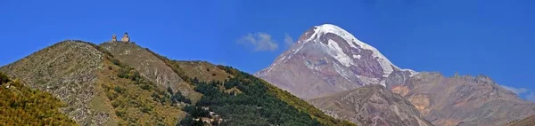 青い空の下で植物や雪に覆われた山のパノラマのショット — ストック写真