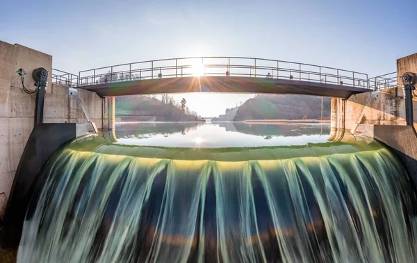 Larga Exposición Del Río Aare Central Hidroeléctrica Hagneck Lago Biel — Foto de Stock
