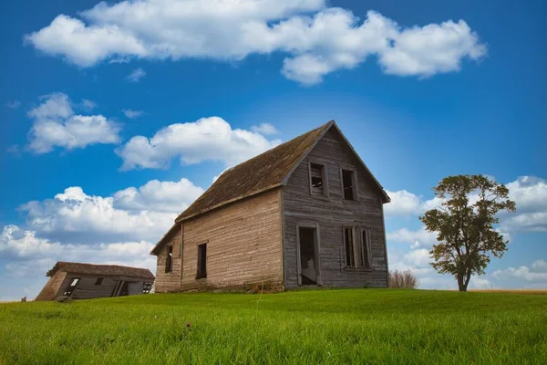 Nahaufnahme Eines Alten Bauernhauses Auf Einem Feld Mit Bäumen — Stockfoto