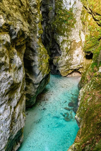 Slovenya 'daki kayalık Tolmin vadisindeki turkuaz akışının dikey nefes kesen görüntüsü