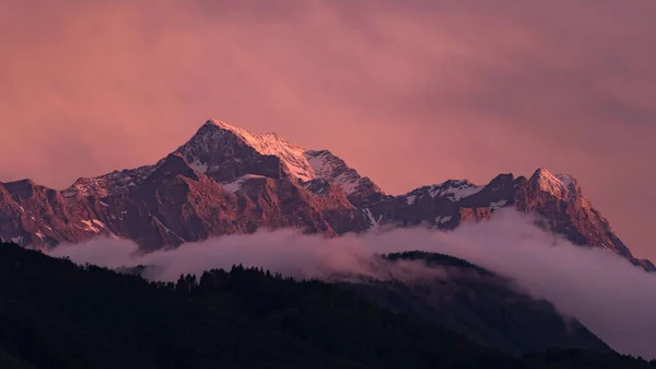 Pembe Gökyüzünün Altındaki Ormanın Arka Planındaki Kayalık Dağların Çarpıcı Bir — Stok fotoğraf