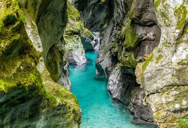 Una Vista Impresionante Arroyo Turquesa Desfiladero Rocoso Tolmin Eslovenia — Foto de Stock