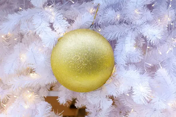 Closeup Bright Yellow Christmas Tree Decoration Hanging White Branches — Stock Photo, Image