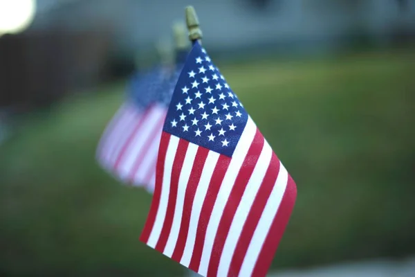 Närbild Liten Amerikansk Flagga Mot Grön Suddig Bakgrund — Stockfoto
