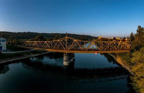 Krásný Výhled Ranním Západu Slunce Starý Železný Most Brueggu Bienne — Stock fotografie
