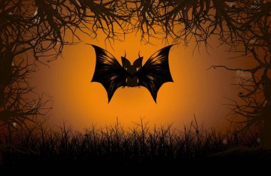 Cadılar Bayramı gecesi ormanda uçan yarasaların üç boyutlu bir çizimi