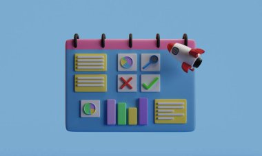 3 boyutlu illüstrasyon. Mesajlar, grafikler, semboller ve bilgilerle sunum yapan bir ekip çalışması. Mavi torba ile yeni bir projenin 3d canlandırması