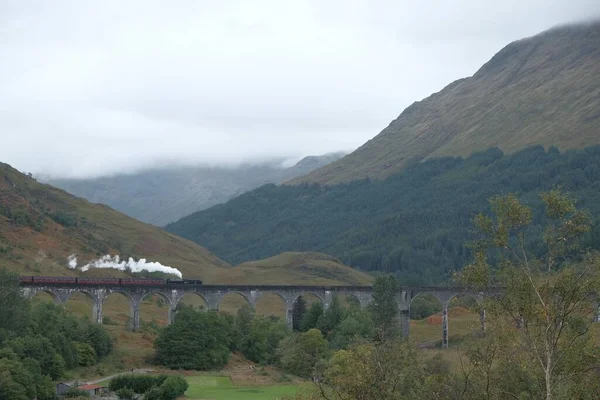 The Glenfinnan Viaduct with a moving train against green mountains background in Scotland