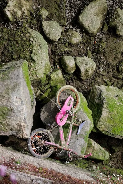 Vertical shot of children\'s bicycle lying on the bottom of the river exposed during low tide. Old discarded bicycle. Urban trash. View from above.