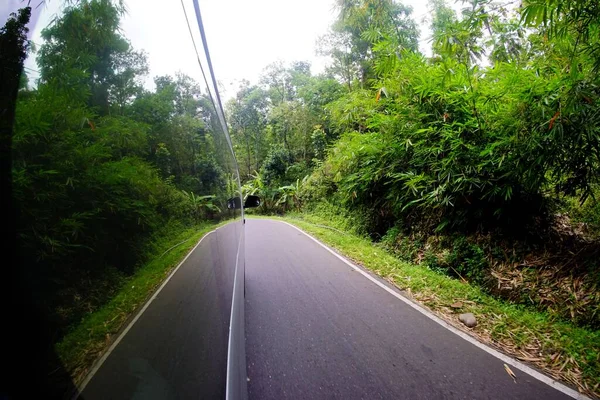 Reflexo Das Árvores Uma Janela Carro Preto Estrada — Fotografia de Stock