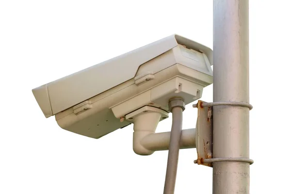 Telecamera Sicurezza Cctv Montata Palo Acciaio Uno Sfondo Bianco Isolato — Foto Stock