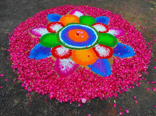 Beautiful Indian Village Flowers Colour Mix Rangoli Designs Photo — Stock Photo, Image