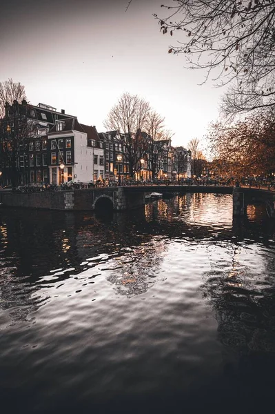 阿姆斯特丹运河上一座以建筑物为背景的小桥的垂直截图 — 图库照片