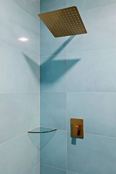 Modern Bathroom Square Showerhead Blue Tiles — Stock Photo, Image