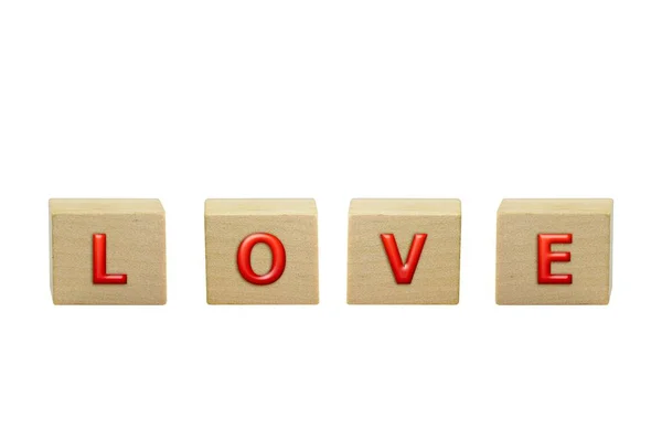 Beyaz Arka Planda Izole Edilmiş Tahta Kutular Üzerinde Aşk Kelimesinin — Stok fotoğraf