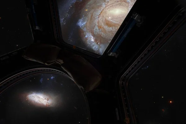 A 3D rendering of the mesmerizing galaxy from a spaceship window