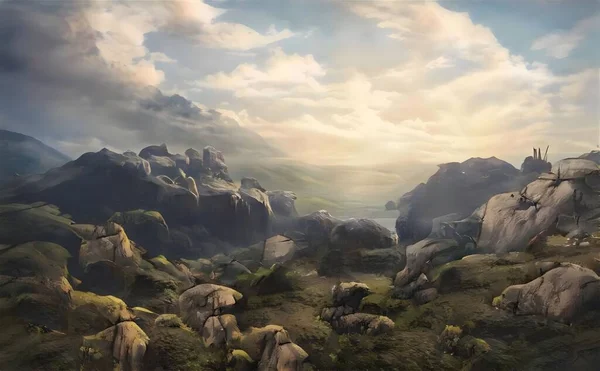 Vacker Målning Steniga Berg Täckt Grönska Molnig Blå Himmel — Stockfoto