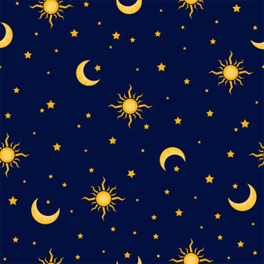 Gece gökyüzünde yıldızlı güneş ve ayın vektör çizimi