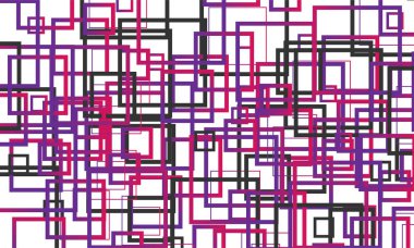 Beyaz arkaplanda kaotik mor kareleri olan soyut bir tasarım.