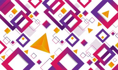 Beyaz arkaplanda mor kareler ve turuncu üçgenler olan soyut bir tasarım.
