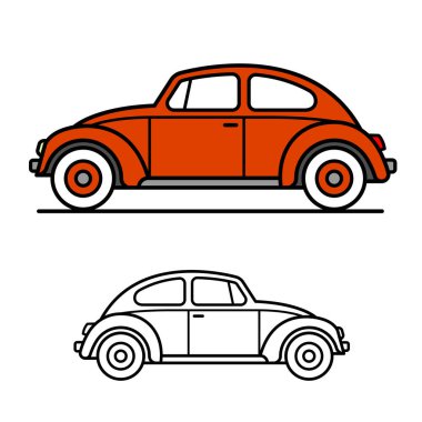 Classic vintage beetle car in red isolated on white background in two versions - vector illustration clipart