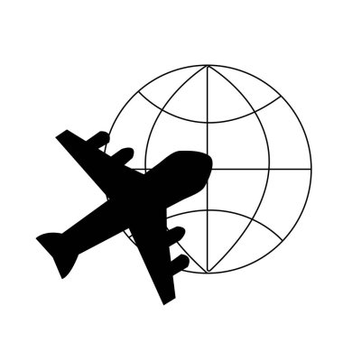 Siyah bir uçak, beyaz bir arka planda izole edilmiş bir küre hatlarına karşı.