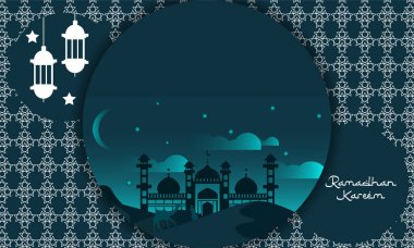 Çölde camii olan ve gökyüzünde yıldızlar parlayan Ramazan için mavi bir vektör.