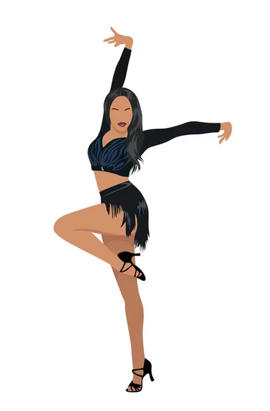 ラテンダンス サルサ バカータやタンゴポーズのダンサーの女の子は 正式な黒の衣装を着ている 白い背景に隔離されたフラットベクトルイラスト — ストックベクタ