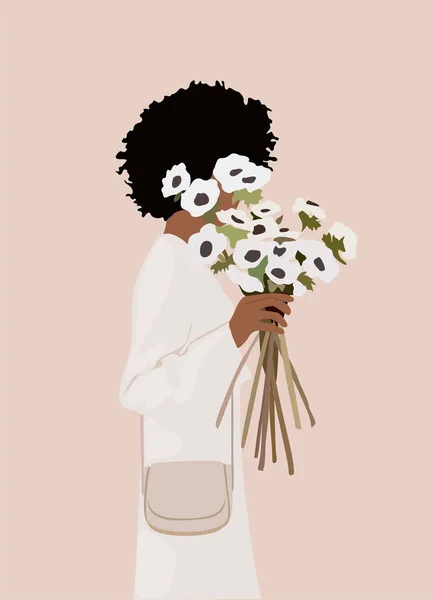 抽象的な女性の肖像画 花を持つアフリカ系アメリカ人の黒い肌の女の子 中立的な背景に隔離されたファッションベクトルイラスト漫画スタイル — ストックベクタ