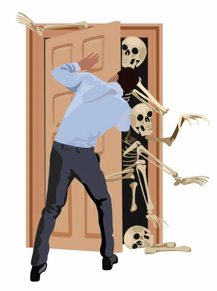 スケルトンクローゼット スケルトンが出てくるドアを押す男 ベクトル漫画風イラスト — ストックベクタ