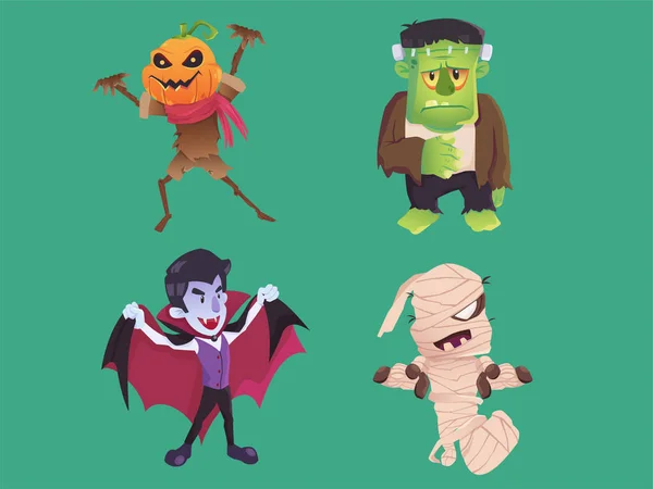 Creative Scary Halloween Characters Isolated Green Background — Stock Vector