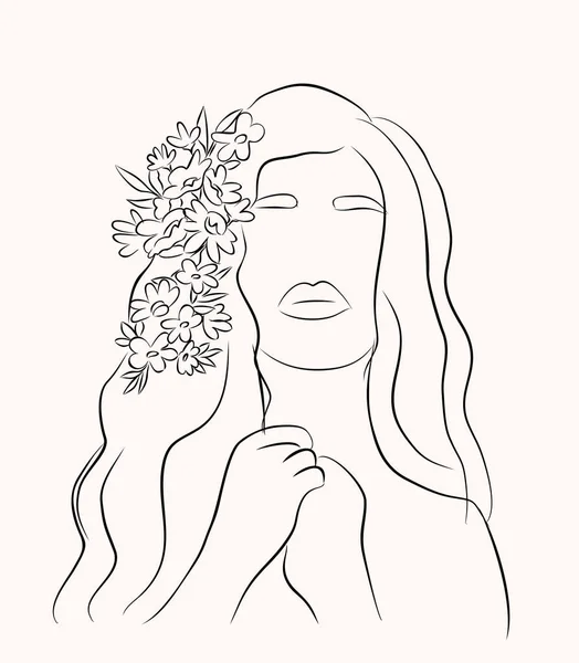 Vrouwengezicht Lijn Kunststijl Met Bloemen Bladeren Vector Tekening Elegante Stijl — Stockvector