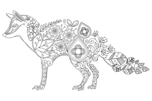 Hand Drawn Floral Fox Zentangle Style Isolated White Background — Stock Vector