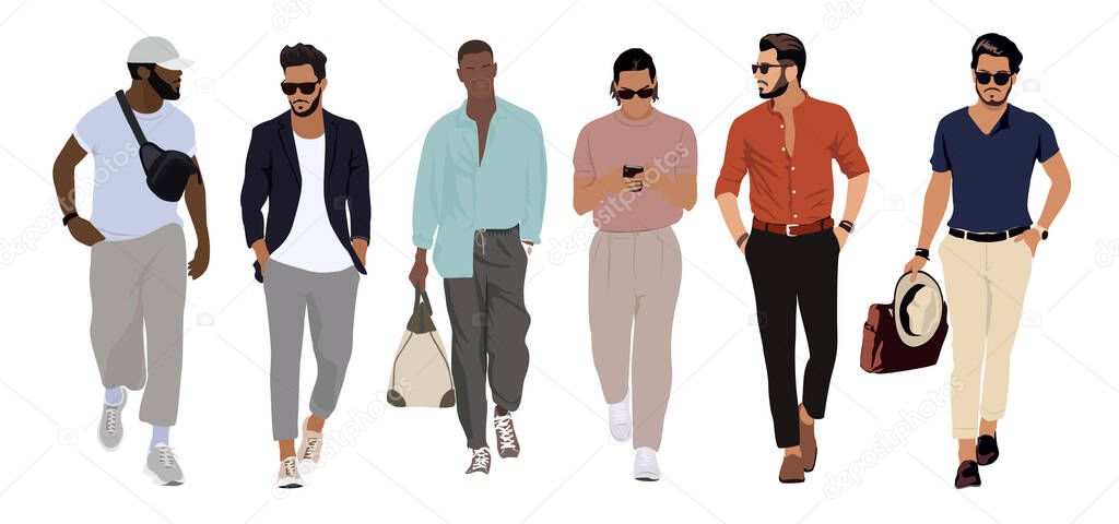 Set of multiracial young men wearing modern clothes. Stylish men in trendy street fashion outfit standing and walking. Cartoon vector illustration.