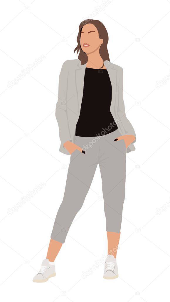 Young business woman wearing suit and sneakers with hands in pockets. Confident feminine business character vector realistic illustration isolated.